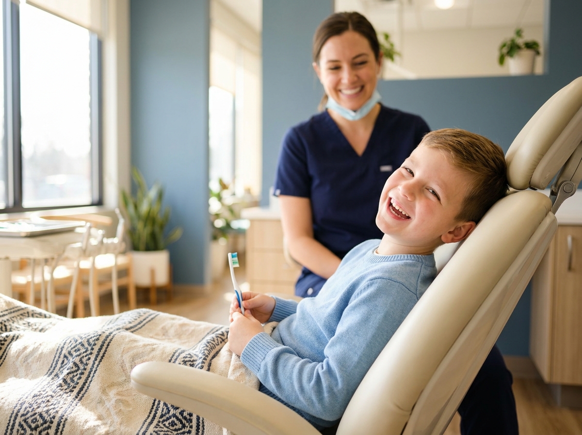 A young boy laughing in a dental chair
