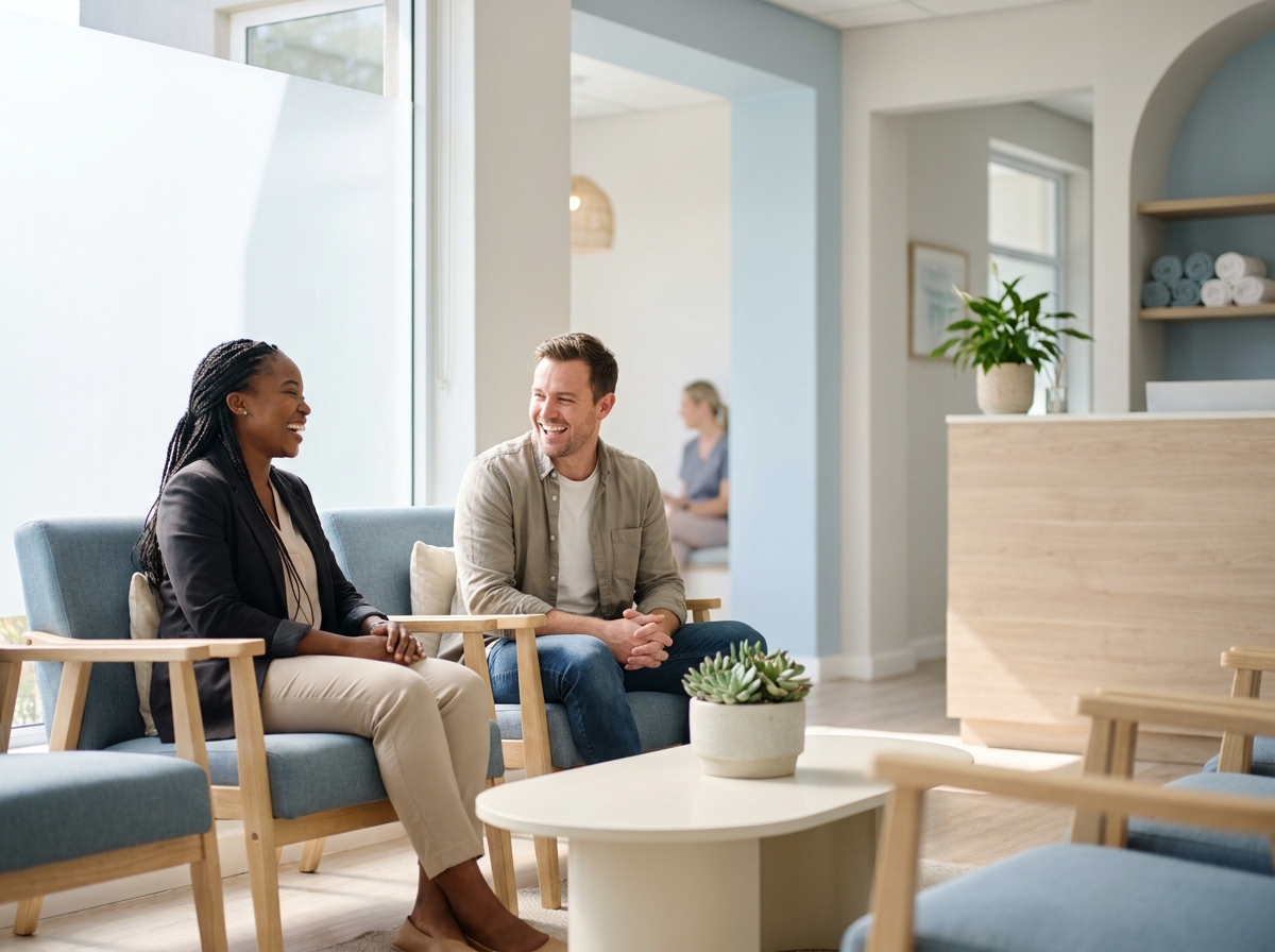 A couple smiling together in a dental reception
