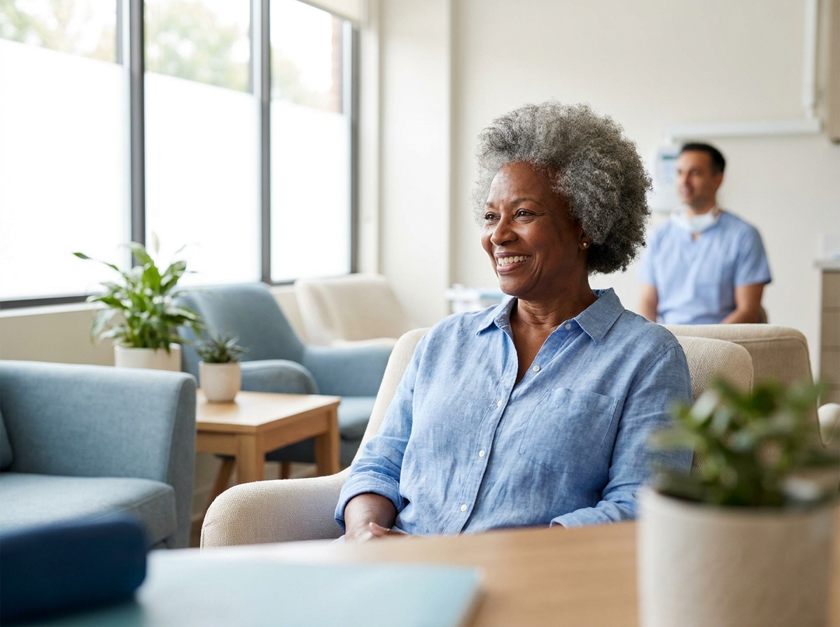 An older woman smiling during a dental consultation
