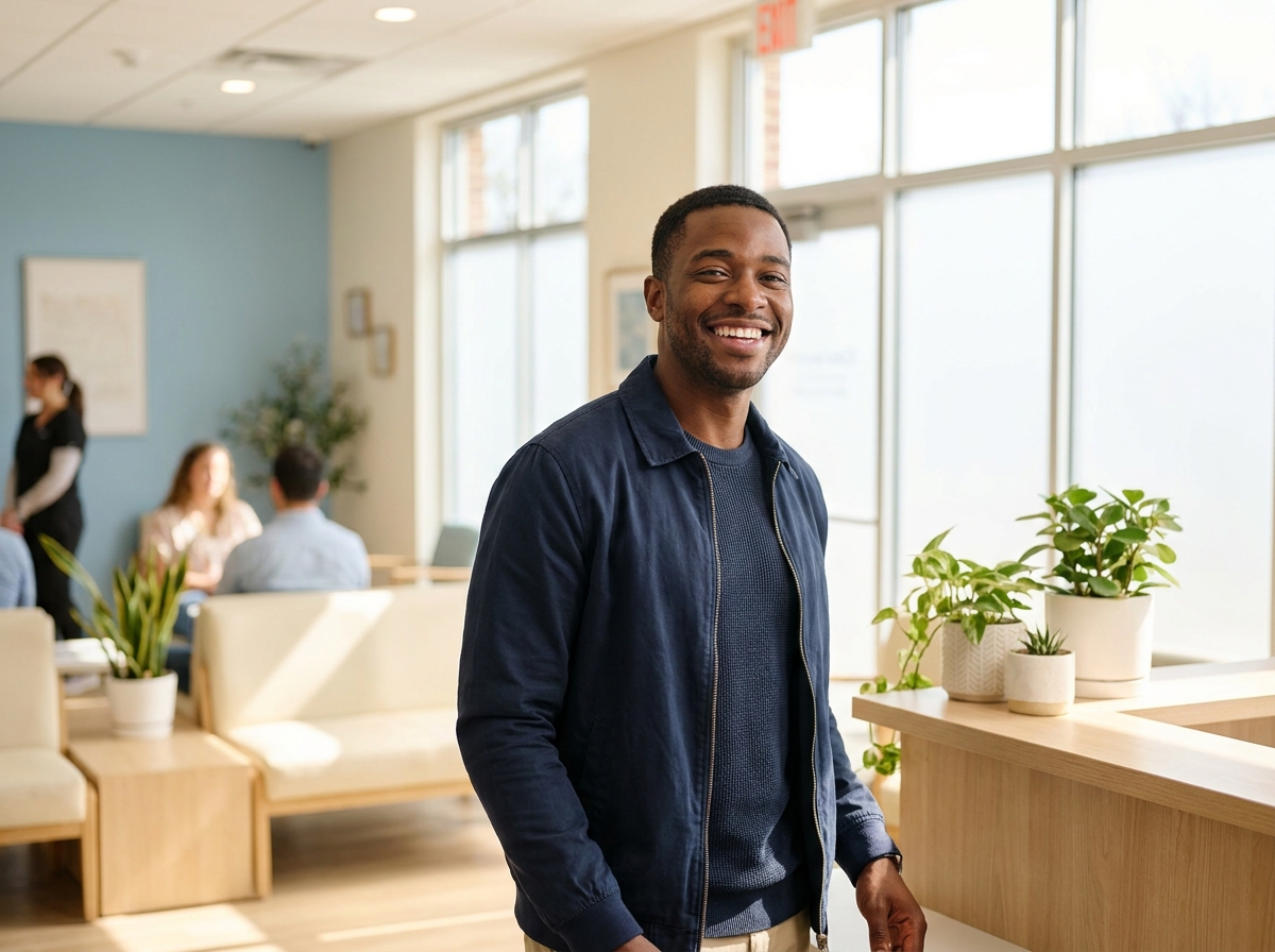 A man smiling broadly in a bright dental reception