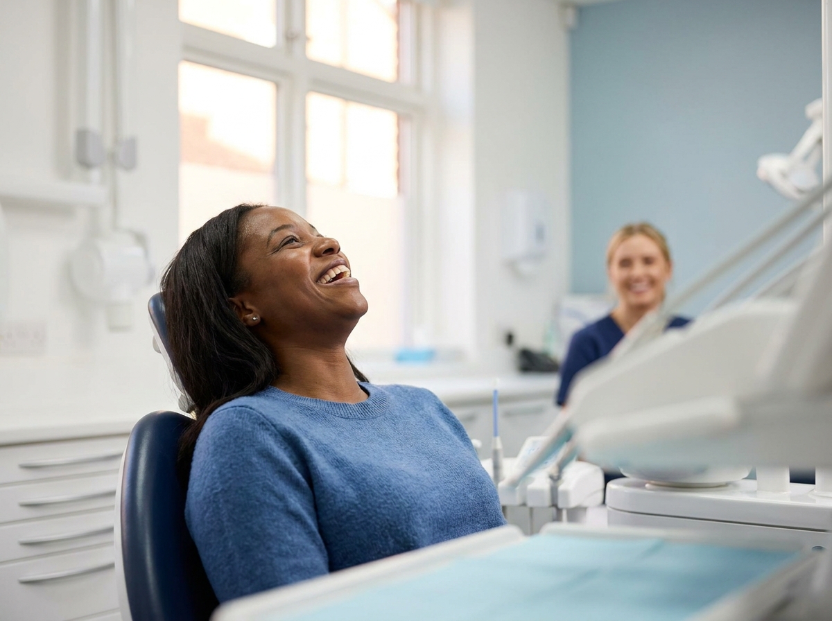A woman laughing after her dental treatment